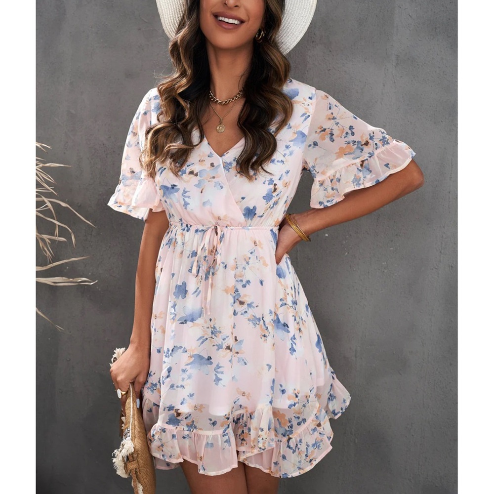 Floral Babydoll summer vacation Mini Dress Light Pink Drawstring Waist Ruffled S